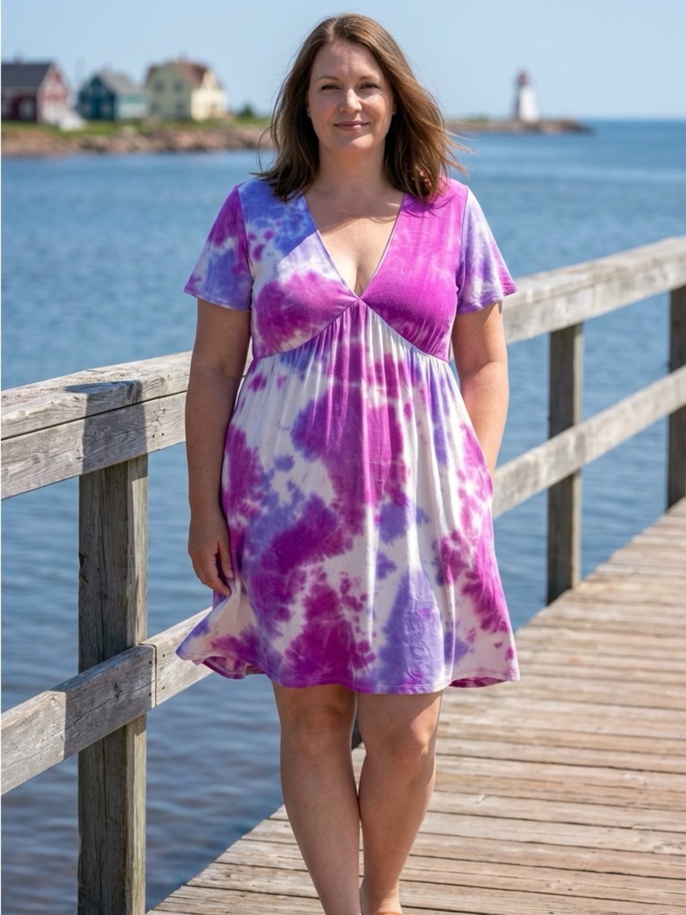 V-Neck Tie-Dye Midi Dress in Purple and White